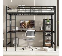 Cama alta Sweiko, estructura de hierro, hierro y MDF. Incluye mesa y estantería con múltiples niveles de almacenamiento. Equipada con rejilla metálica, barandillas robustas y escalera. Color y tono ma