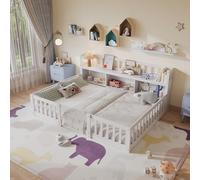 Cama baja de 140x200cm con estantería y espacio de almacenamiento, cama Montessori para niños con protección contra caídas y somier, cama armario para bebé para niños y niñas, para 1-2 niños, de