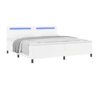Cama Boxspring con Somier, Colchón de Muelles Envueltos y Almohadilla de Espuma, Cabecero Ajustable en 2 Alturas, Iluminación LED Integrada, Tapizada en Cuero Sintético Blanco, 200 x 200 cm