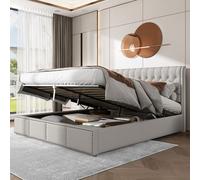 Cama boxspring hidráulica Merax de 180x200 cm, tapizada con cajón para ropa de cama y somier, cama funcional con detalles de remaches y espacio de almacenamiento, cama doble de lino, color gris claro