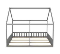 Cama-cabaña de madera de pino 2x90x200cm - con techo y somier - gris