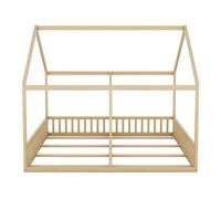 Cama-cabaña de madera de pino 2x90x200cm - con techo y somier - natural