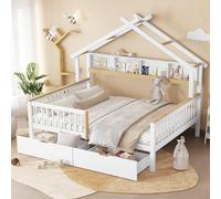 Cama cabaña Infantil,Cama para niños Casita,Cama de Casa con Techo,Cama Nido para niños y niñas, Cama de Madera con Valla, Cama Familiar Individual con Protección Anticaídas y Somier, 140x200cm