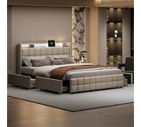 Cama Cajones 180x200 cm con LED y USB, cama de 180x200 con 4 cajones y almacenamiento, cama doble acolchada con somier y estante abierto, marco de cama para 2 personas para adultos (Beige-8, 180x200)