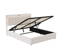 Cama Canapé 140x200/160x200 cm con Almacenaje, Cabecero Tapizado, LED y USB Tipo C, Terciopelo Beige 160 x 200