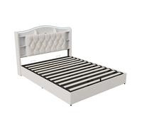 Cama canapé abatible 160x190 cm tapizada en terciopelo beige con LED RGB, cabecero con almacenaje y carga USB/inalámbrica