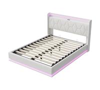 Cama Canapé Abatible 160x200 cm con LED, Cama Doble Tapizada en Tela Blanca con Cabecero Acolchado, Carga USB, Somier Elevable y Almacenamiento para Dormitorio