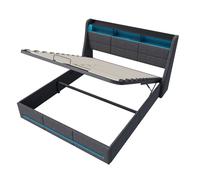 Cama Canapé Abatible 160x200 con Somier, Arcón de Almacenaje, USB-C, Luz LED, Tapizada en Lino Gris