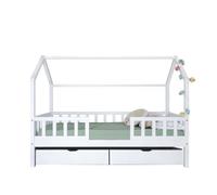 Cama casita con barandilla + 2 cajones madera blanco 90x190cm