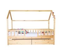 Cama casita con barandilla + 2 cajones madera pino 90x190cm
