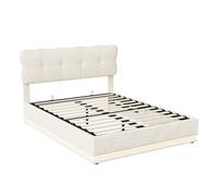 Cama con Almacenaje 140x190 cm, Canapé Abatible Tapizado en Terciopelo Beige con Somier Elevable a Gas, Cabecero Acolchado y LED RGB para Dormitorio Pequeño o Apartamento