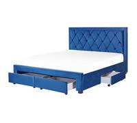 Cama Con Almacenaje De Terciopelo Azul Marino 180 X 200 Cm Cajones Cabecero Alto Capitoné Glamuroso Lievin