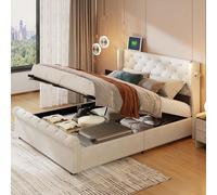 Cama con almacenamiento - Cama tapizada - Cama de matrimonio - Cama con cajones - Mueble de almacenamiento - 140x190 cm