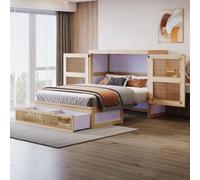 Cama con armario de 140x200 cm, color madera, cama abatible vertical con somier y cajones, mueble cama con diseño de ratán para dormitorios