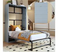 Cama con armario integrado, cama abatible de pared, cama plegable que ahorra espacio, 90 200 cm, estructura de metal y MDF, sistema de fijación a la pared con cierre de seguridad, color blanco/gris, i
