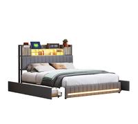 Cama con Cabecero con Almacenaje 140x200 cm, Cama Doble con Cajones Extraíbles, LED RGB en Cabecero y Piecero, Puerto USB y USB-C, Estructura de Tela de Lino Gris para Dormitorio Moderno