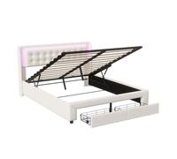 Cama con canapé abatible 140x190 cm, terciopelo, led en cabecero y 2 cajones de almacenaje, beige claro