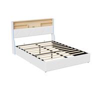 Cama con Canapé Abatible 140x200 cm Blanca de PU, Cama Doble Moderna con Cabecero con Almacenamiento, Carga USB y Luz LED para Dormitorio