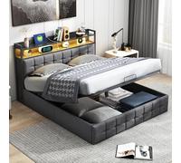 Cama con somier con cajonera LED, cama doble con espacio de almacenamiento, cabecero y enchufes, sistema hidráulico, espacio de almacenamiento, respaldo, cama juvenil, estructura de cama con somier de