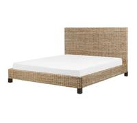 Cama Con Somier De Ratán Natural Madera Oscura 180 X 200 Cm Caoba Panel Salbris