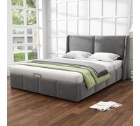 Cama con somier y base de muelles MODFU, hidráulica, 140 x 200 cm, con rejilla, tapizada, cama doble funcional, cama con espacio de almacenamiento y cajón, color gris terciopelo (sin colchón)