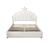 Cama contenedor tapizada en piel sintética 140x200 cm - cama princesa con led y molduras de techo - blanco
