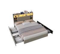 Cama de 140x200 cm con 4 cajones, carga usb y tipo c, iluminación led, mesitas de noche con almacenamiento, separadores abiertos y somier de láminas. color beige.