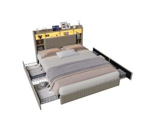Cama de 140x200 cm con 4 cajones, carga usb y tipo c, iluminación led, mesitas de noche con almacenamiento, separadores abiertos y somier de láminas. color beige.