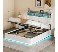 Cama de 160 x 200 cm con iluminación LED, estructura de cama con espacio de almacenamiento, rejilla de muelles, enchufes, puertos USB y tipo-C, y tapizado de terciopelo