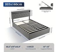 Cama de 160x200 - Cama doble - Cama con almacenamiento - Cama con somier - Cama con iluminación LED - Cama abatible con sistema hidráulico