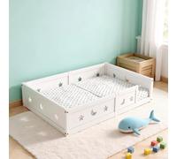 Cama de bebé 90 x 200 cm, incluye protección contra caídas y somier, marco de cama Montessori para niños, cama de suelo Montessori Cama de madera maciza de pino, cama individual blanca para niños y