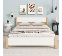 Cama de madera Flieks, modelo clásico de 140x200 cm con somier, cama doble, cama juvenil, cama para niños con cabecero, cama tipo futón, diseño natural