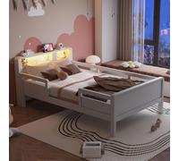 Cama de madera Sweiko, 90 x 200 cm, con toma de corriente combinada USB y Type-C, pequeña luz LED, cabecero con función de almacenamiento, cama infantil, cama individual, cama multifuncional, madera d