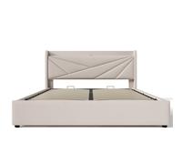 Cama de Matrimonio con Canapé Abatible Función de Carga Usb Tipo C en Algodón Lino Sin Colchón 180x200 cm Beige