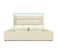 Cama de Matrimonio con Canapé Abatible Luces Led y Control Remoto Estructura Acolchada 140x200 cm Blanco