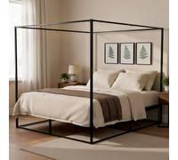 Cama de matrimonio con estructura de metal negro, diseño minimalista y moderno, con somier integrado