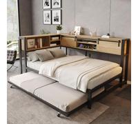 Cama de metal 120 x 200 con cama nido de 90 x 190, estructura de cama con | Cama con espacio de almacenamiento, puertas correderas, carga USB y armario, cama individual para habitación de invitados