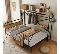 Cama de metal, cama baja + mesa de noche + armario, mesa con ruedas, juego completo de muebles para dormitorio, para jóvenes y adultos, estructura de metal, metal + MDF, color + color natural, 140x200