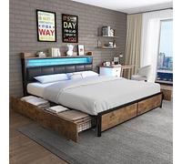 Cama de metal para cama de matrimonio de 160 x 200 cm con cabecero de almacenamiento, cama con somier de láminas de metal, cama de almacenamiento con 4 cajones grandes de almacenamiento, para
