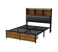 Cama doble 140x200/160x200 cm con LED, estructura metálica, 2 cajones, cabecera con almacenamiento, somier de lamas 160x200 cm