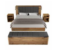 Cama doble 160x200 cm - cabezal abatible, almacenamiento, mesitas, lámparas usb - roble