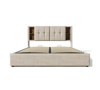 Cama doble 160x200cm - cama tapizada con carga inalámbrica usb c, base con almacenamiento, somier de madera - natural