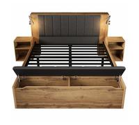 Cama doble 180x200 cm - cabecero abatible, almacenamiento, mesitas y lámparas usb - roble