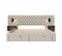 Cama doble 180x200 cm - conjunto dormitorio completo con 2 mesitas y 4 cajones, cabecero con luz de lectura y carga usb - beige