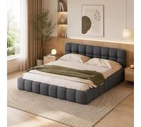 Cama doble acolchada de 160x200, cama acolchada, cama tipo "bubble" con somier, camas para 2 personas, camas para adultos (gris y lino, 160x200)