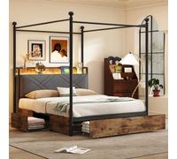 Cama doble con espacio de almacenamiento, 140x190 cm, de metal, color negro, mueble para dormitorio interior