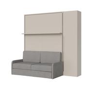 Cama doble francesa abatible vertical de 140 cm, Versia Sofà, con sofá, estante y armario de 1 puerta a la derecha, Clay