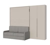 Cama doble francesa abatible vertical de 140 cm, Versia Sofà, con sofá y armario de 2 puertas a la derecha, Clay