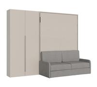 Cama doble francesa abatible vertical de 140 cm, Versia Sofà, con sofá y armario de 2 puertas, izquierda, Clay