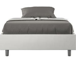Cama doble francesa con estructura tapizada y espacio de almacenamiento, de 140x190 cm, en color blanco, con revestimiento de imitación cuero Azelia